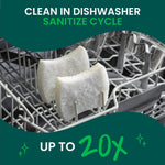 Two white Greener Clean sponges positioned in a dishwasher rack with headline “Clean in Dishwasher Sanitize Cycle”