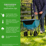 Application tips panel showing a spreader and text instructions alongside a person pushing a spreader on grass