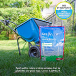 GreenView Fall Lawn Food bag standing beside a blue spreader on a lawn with a no-phosphate badge in the corner