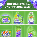 Grid display of multiple Gain Relax product formats on a green background with header text 'One Gain family. One amazing scent.'