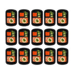 Fifteen identical black meal prep containers arranged in a grid, each filled with salmon, broccoli and carrots.