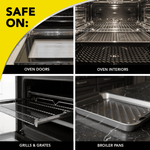 Four-panel grid showing oven doors, oven interiors, grills and broiler pans with ‘Safe on:’ header