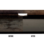 Griddle surface displayed split into dirty left side and clean right side with Blackstone logo above.