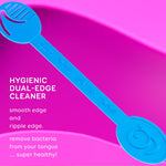 Close-up of a blue Grin tongue cleaner strap on a pink background with text describing a hygienic dual-edge cleaner