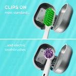 Split graphic showing Grin brushcap opened on standard toothbrush head and on an electric toothbrush head with explanatory text