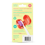 Back of Grin Kiddo brushcaps blister card with product copy, recycling icon, barcode and illustration of a brushcap open on a toothbrush