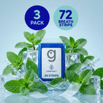 Grin Strips blue case surrounded by mint leaves and ice with circular badges reading 3 pack and 72 breath strips