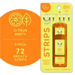 Grin Citrus Minty breath strips blister card showing three orange travel cases and label for 72 strips.