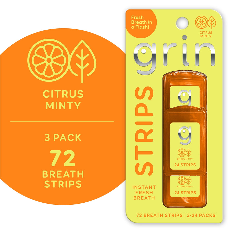 Grin Citrus Minty breath strips blister card showing three orange travel cases and label for 72 strips.