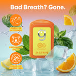 Orange Grin Citrus Minty travel case on ice with mint leaves and citrus slices, plus feature icons and strip graphic.