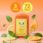 Single orange Grin Citrus Minty travel case surrounded by citrus slices, mint leaves and ice, showing 3 pack / 72 strips callouts.