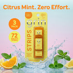 Grin Citrus Minty product card front with three-pack orange cases, citrus slices, mint leaves and splash graphic.