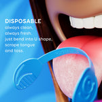 Close-up lifestyle graphic of a blue GRIN disposable tongue scraper held near a tongue with product text