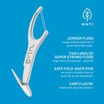 Close-up product graphic of a white Grin double-line floss pick on a blue background with feature text