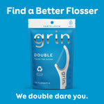 Blue promotional image with a standing Grin Double pouch and white headline text 'Find a Better Flosser'
