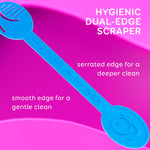 Macro blue dual-edge GRIN tongue scraper shown diagonally with text describing serrated and smooth edges