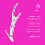 Large white floss pick on magenta background with product benefit bullet points and minty leaf icon