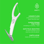 Close-up white Grin floss pick on a bright green background with product feature text about longer, strong floss and safe fold-back pick