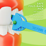 Close-up illustration of blue fold-back pick end of a Grin tongue cleaner near stylized teeth with feature text