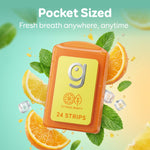 Floating orange Grin Citrus Minty travel case with mint leaves and citrus slices, labeled 'Pocket Sized' and 24 strips on case.