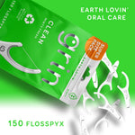 Angled green pouch of Grin Clean floss picks spilling multiple white floss picks across a green background with '150 Flosspyx' text