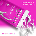 Magenta Grin Smooth pouch tilted with multiple white floss picks spilling out against a magenta background