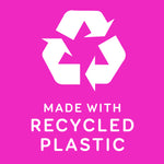 White recycling symbol and bold text on magenta background reading “made with recycled plastic”