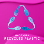 Three blue GRIN tongue-cleaner straps arranged in a triangle above text stating made with recycled plastic