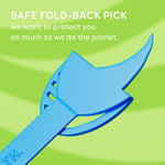 Close-up of a blue fold-back pick style GRIN tool on a green background with safe fold-back pick text
