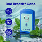 Single blue Grin Strips case labeled 24 strips on wet reflective surface with mint leaves, ice and icon callouts