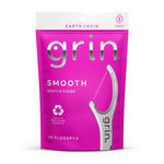 Front-facing magenta pouch of Grin Smooth gentle floss picks showing brand name and a single floss pick illustration