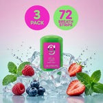 Single Grin Strips berry minty case on ice with strawberries, raspberries, blueberries and mint leaves and pack callouts.