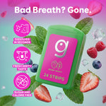 Floating green Grin Strips case with berry and mint graphics and icons highlighting dissolve and taste benefits.