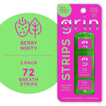 Pink and green Grin Strips berry minty blister card showing three green strip cases and 72 total strips callout.