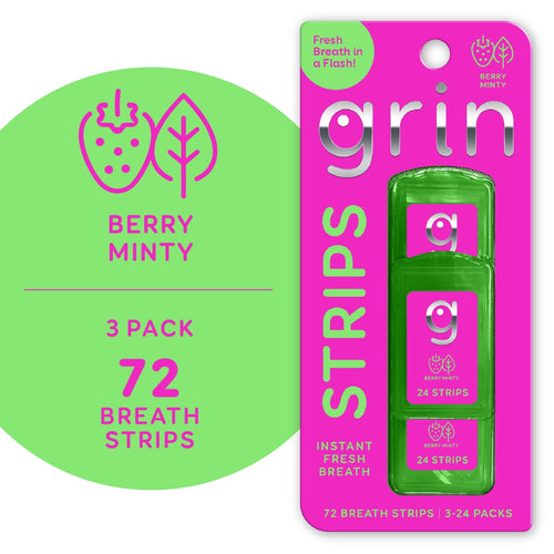 Pink and green Grin Strips berry minty blister card showing three green strip cases and 72 total strips callout.