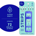 Packaged Grin Strips super minty breath strips blister card showing three blue strip cases and 72-count callout