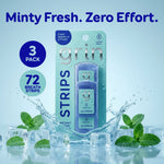 Grin Strips super minty blister pack displayed with ice, mint leaves and text callouts for 3 pack and 72 breath strips