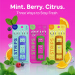 Three Grin Strips flavor blister packs (mint, berry, citrus) displayed against a pink backdrop with flavor headline.