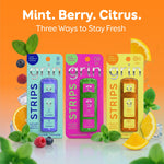 Three Grin breath strips varieties (blue, green, orange) displayed in packaging with 'Mint. Berry. Citrus.' headline.