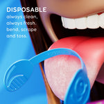 Illustration of a blue tongue cleaner strap near a tongue with text reading ‘DISPOSABLE always clean, always fresh’