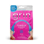 Pink resealable pouch of GRIN Tongue Cleaner Strap with blue arch graphic and recycling symbol