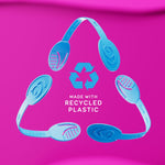 Three blue Grin tongue cleaner straps arranged around a recycling symbol with the message ‘Made with recycled plastic’