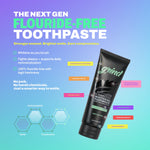 Informational infographic showing a tilted tube of Grind fluoride-free charcoal toothpaste with callouts and ingredient graphic