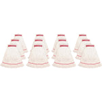 group of white narrow-band mop heads with red bands arranged in rows on a white background