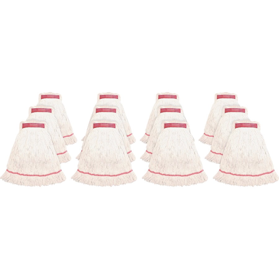 group of white narrow-band mop heads with red bands arranged in rows on a white background