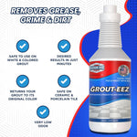 Clean‑EEZ Grout‑EEZ bottle at right with infographic badges listing benefits like safe on colored grout and low odor.