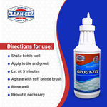 Directions for use panel beside a Clean‑EEZ Grout‑EEZ bottle showing steps like shake, apply, let sit, scrub and rinse.