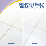 Split before-and-after tile close-up demonstrating cleaner grout lines labeled “before” and “after”