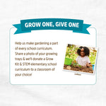 Graphic panel reading 'Grow One, Give One' with charity message and small photo of a child gardening