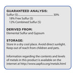 Guaranteed analysis panel listing sulfur content, derived from elemental sulfur and gypsum, with storage instructions.